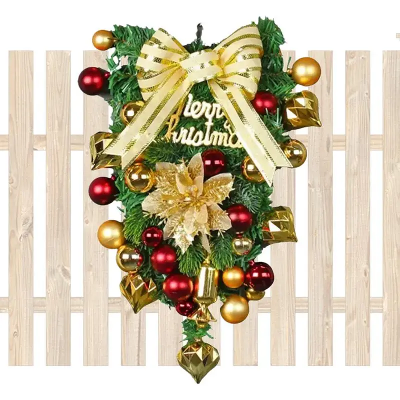 

Christmas Teardrop Wreath Reusable Gold Bowknot Garland With Balls Creative Teardrop Swag For Bars Doors Walls Malls Fireplaces