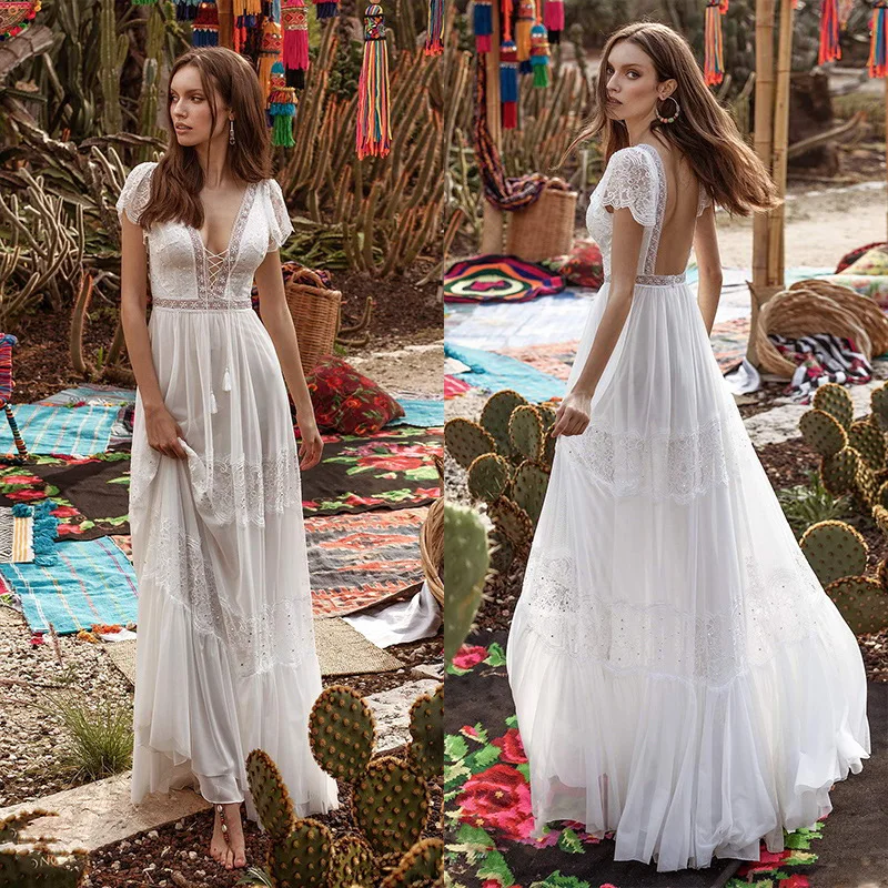 New Design Simple Boho V-neck Lace Wedding Dress Backless Beads Bohemian Bridal Gowns Long Beach Bride Robe
New Design Simple Boho V-neck Lace Wedding Dress Backless Beads Bohemian Bridal Gowns Long Beach Bride Robe