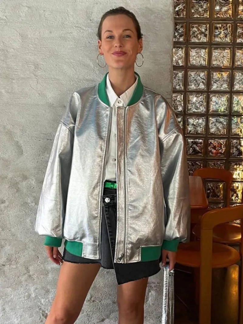 New 2023 Autumn Winter Reflective Bomber Jackets High Street Fashion Women Stand Collar Green Patchwork Silver Coats Windbreaker
New 2023 Autumn Winter Reflective Bomber Jackets High Street Fashion Women Stand Collar Green Patchwork Silver Coats Windbreaker