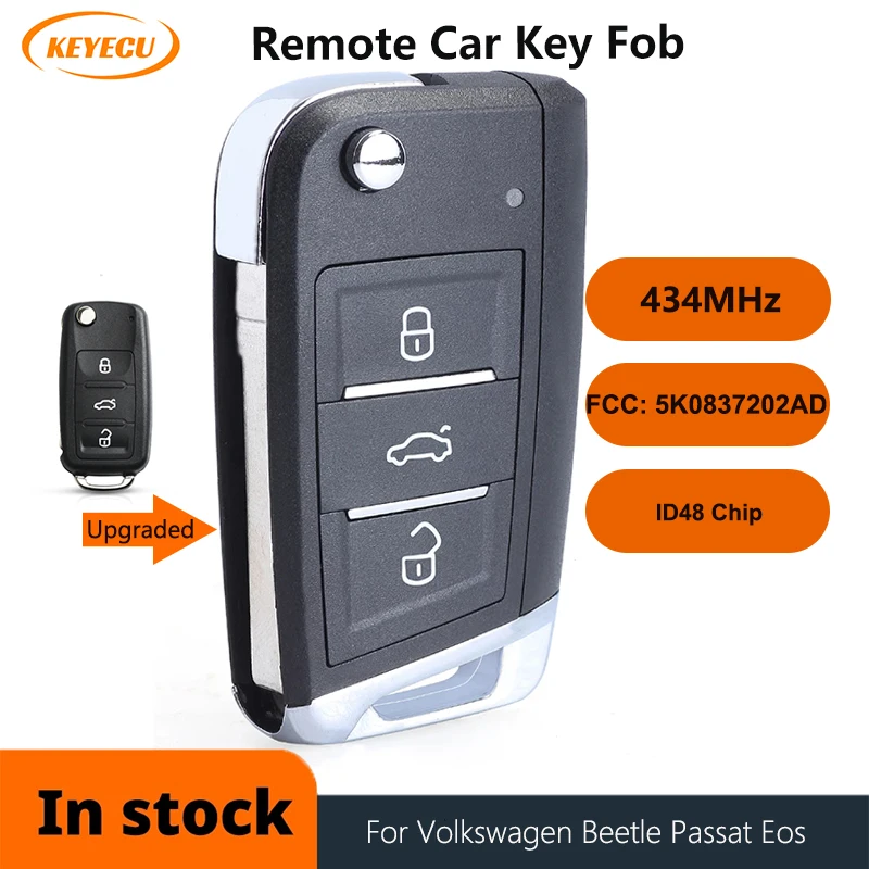 

KEYECU 1/3pcs 5K0 837 202 AD For Volkswagen Beetle Passat Caddy Eos Polo Jetta 433MHz ID48 3 Button Upgraded Remote Key