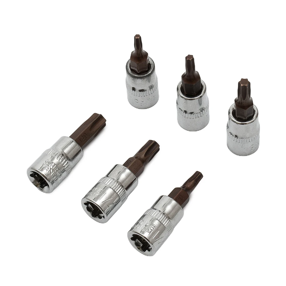 6Pcs 1/4inch Hex Torx Screwdriver Bit Set Drive Socket Head Screwdriver T10-T40 Steel Ratchet Socket Wrench Adapter
6Pcs 1/4inch Hex Torx Screwdriver Bit Set Drive Socket Head Screwdriver T10-T40 Steel Ratchet Socket Wrench Adapter
