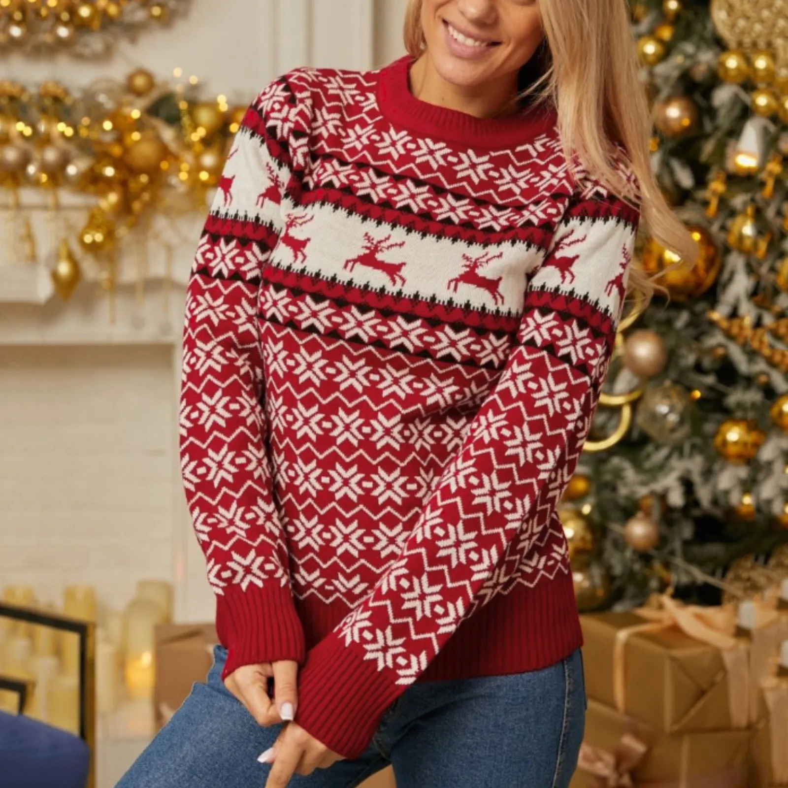 

Womens Christmas Snowflake Knitted Sweater Long Sleeve Crew Neck Print Pullover Knitwear