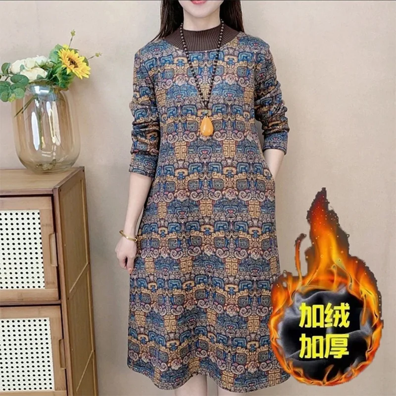 

Autumn Winter Half High Collar Ethnic Style Vintage Printed Robe Femme Long Sleeve All-match Bottomed Dress Women Casual Vestido