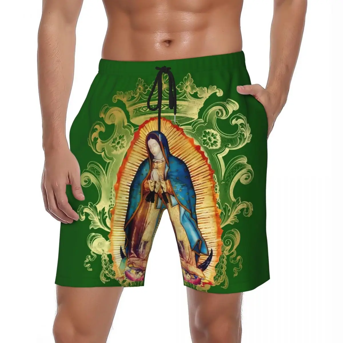 

Summer Board Shorts Man Virgin Mary Mexico Surfing Our Lady of Guadalupe Board Short Pants Hawaii Breathable Swimming Trunks