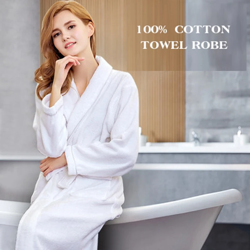 

Women 100% Cotton Bathrobe Terry Robe Lovers Brown Robes Men Bathrobe Solid Towel Fleece Long Sleepwear Bridesmaid Robe White