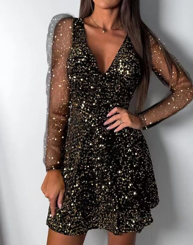 

Elegant and Pretty Women's Dress Fashion Sexy V-Neck Allover Sequin Backless Criss Cross Long Sleeved Party Dress Evening Dress