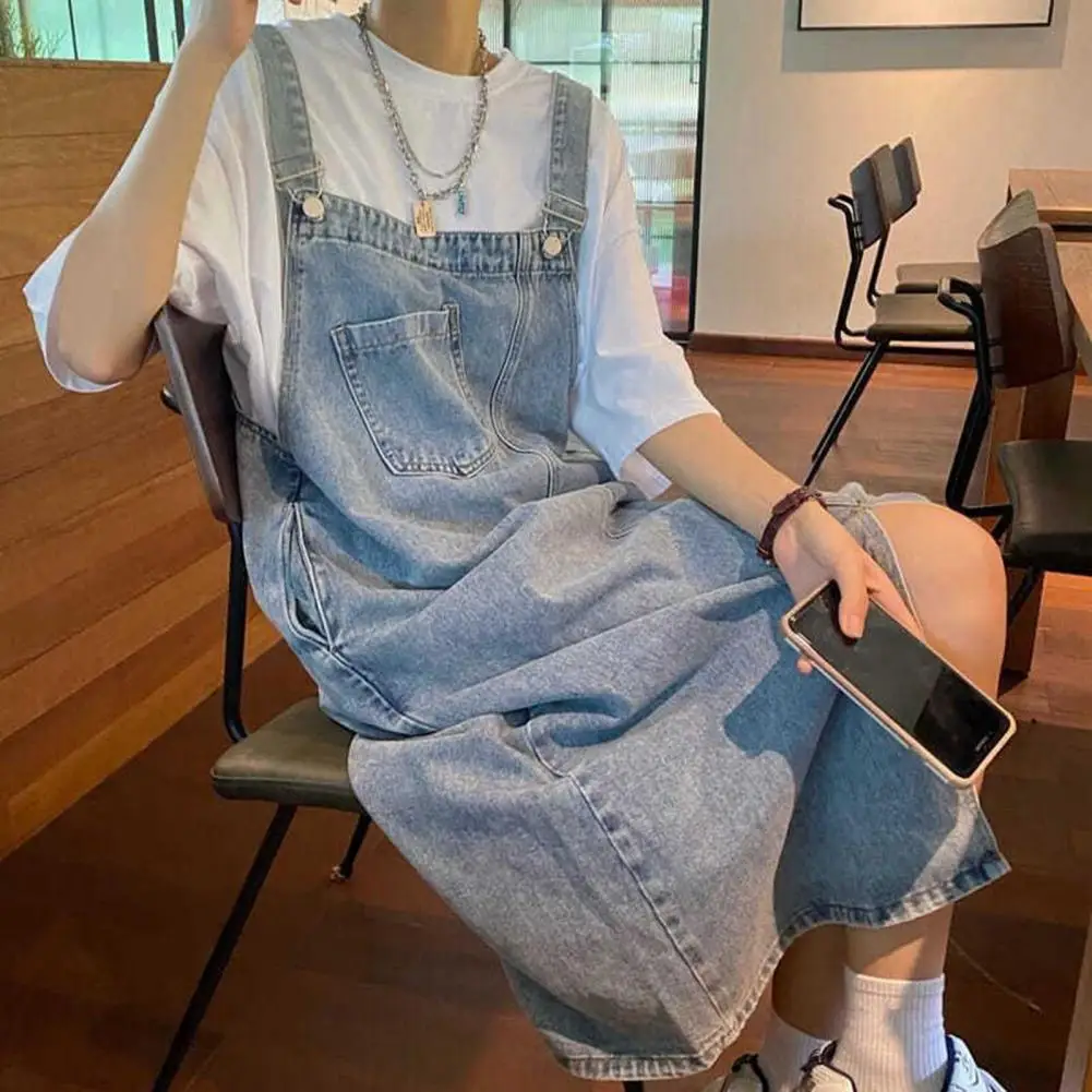 Collarless Suspender Dress Stylish Denim Suspender Dress with Adjustable Straps Side Pockets Split Hem Chic for Students 
Collarless Suspender Dress Stylish Denim Suspender Dress with Adjustable Straps Side Pockets Split Hem Chic for Students