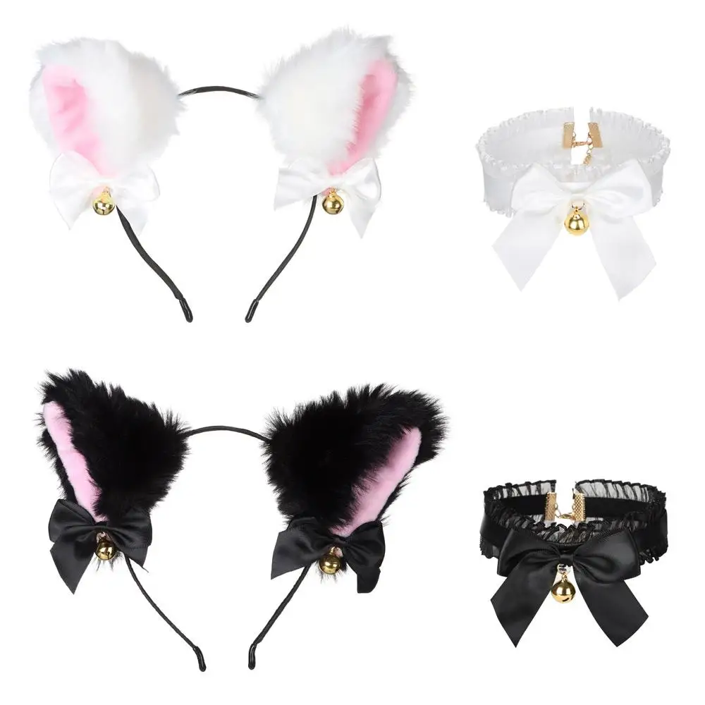 

2 Pcs Furry Cat Ears Cat Ear Headband Make Up Plush With Bells Bells Necklace Fancy Dress Cute Cosplay Hairband Costume Party