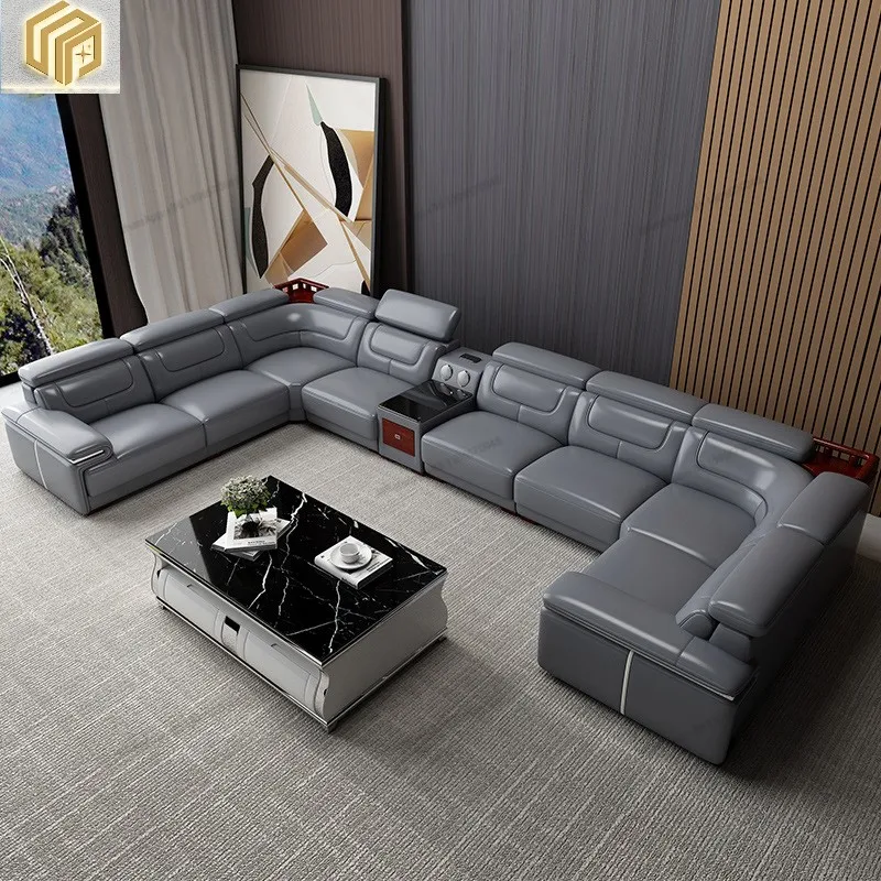 

Large Unit Leather Sofa Minimalist Home Cinema Villa AV room Living Room U-shaped L corner