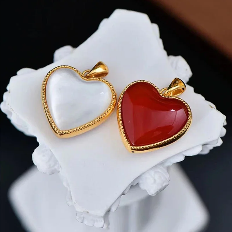 

Real 18K Gold Heart Pendant White Shell and Red Agate Stone Design Pure AU750 Fine Jewelry Gift for Women