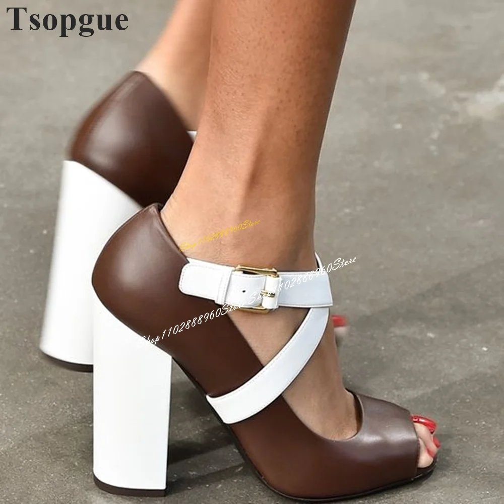 

Stylish White And Brown Leather Pumps Chunky High Heel Women Shoes Ankle Buckle Strap Peep Toe 2024 Fashion Zapatos Para Mujere