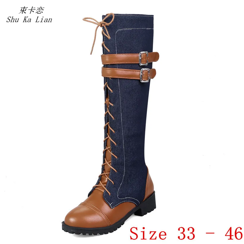 

Women Thigh High Boots Flat Denim Woman Knee High Boots Spring Autumn Ladies Botas Plus Size 33 - 40 41 42 43 44 45 46