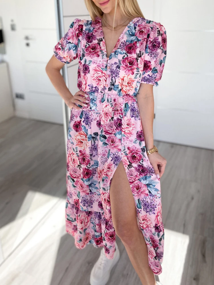 Bohemian Long Dress Women Summer Fashion Casual Red Floral Short Sleeve Button Up Side Slit Dresses Clothes New Arrival 2023
Bohemian Long Dress Women Summer Fashion Casual Red Floral Short Sleeve Button Up Side Slit Dresses Clothes New Arrival 2023