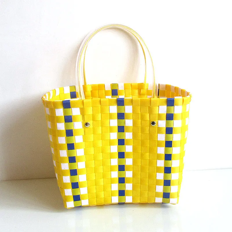 

Fashion Hand-woven vegetable basket Fruit bag woven contrast color handbag Large-capacity Bump Color Woven Vegetable Basket