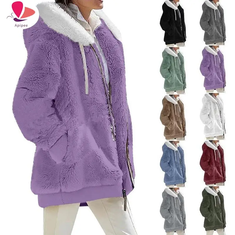 

APIPEE зимнее женское пальто, повседневная женская одежда на молнии с капюшоном, кашемировая Осенняя Женская флисовая куртка, однотонные женские пальто
