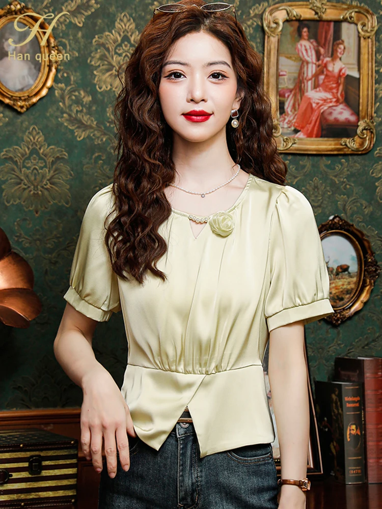 

H Han Queen Summer Korean Flower Beading Vintage Tops Chiffon Short Sleeve Casual Wear Women Shirts Elegant Blouse Lady Clothes