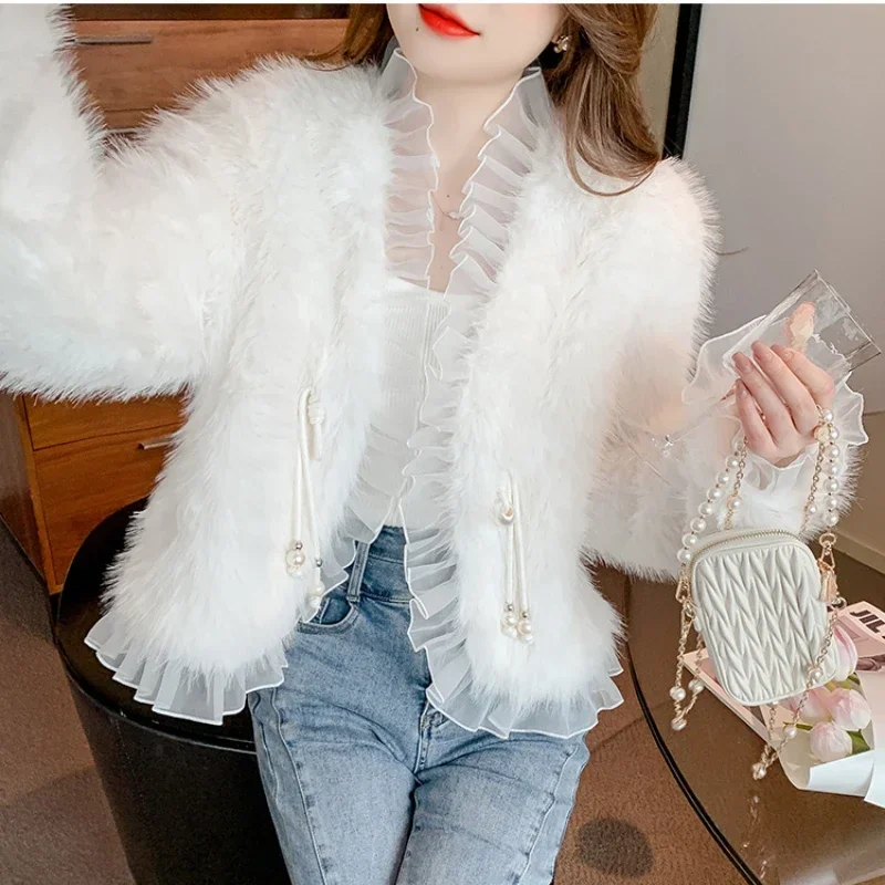 

Faux Mink Coat Winter Frog Buckles Imitation Fox Fur Grass Bomber Jacket Fluffy Mesh Spliced Cardigan V-Neck Tops Outwear