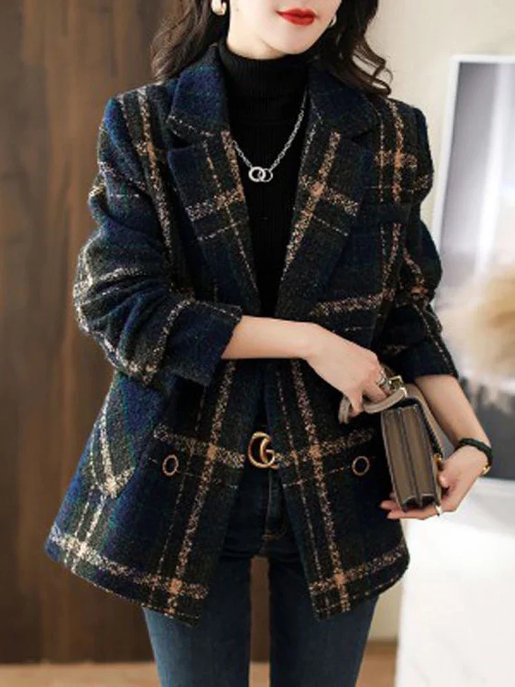 

Женское шерстяное пальто в клетку, элегантное твидовое пальто в винтажном стиле с отложным воротником и длинным рукавом, офисный кардиган, верхняя одежда, Z568, для осени и зимы