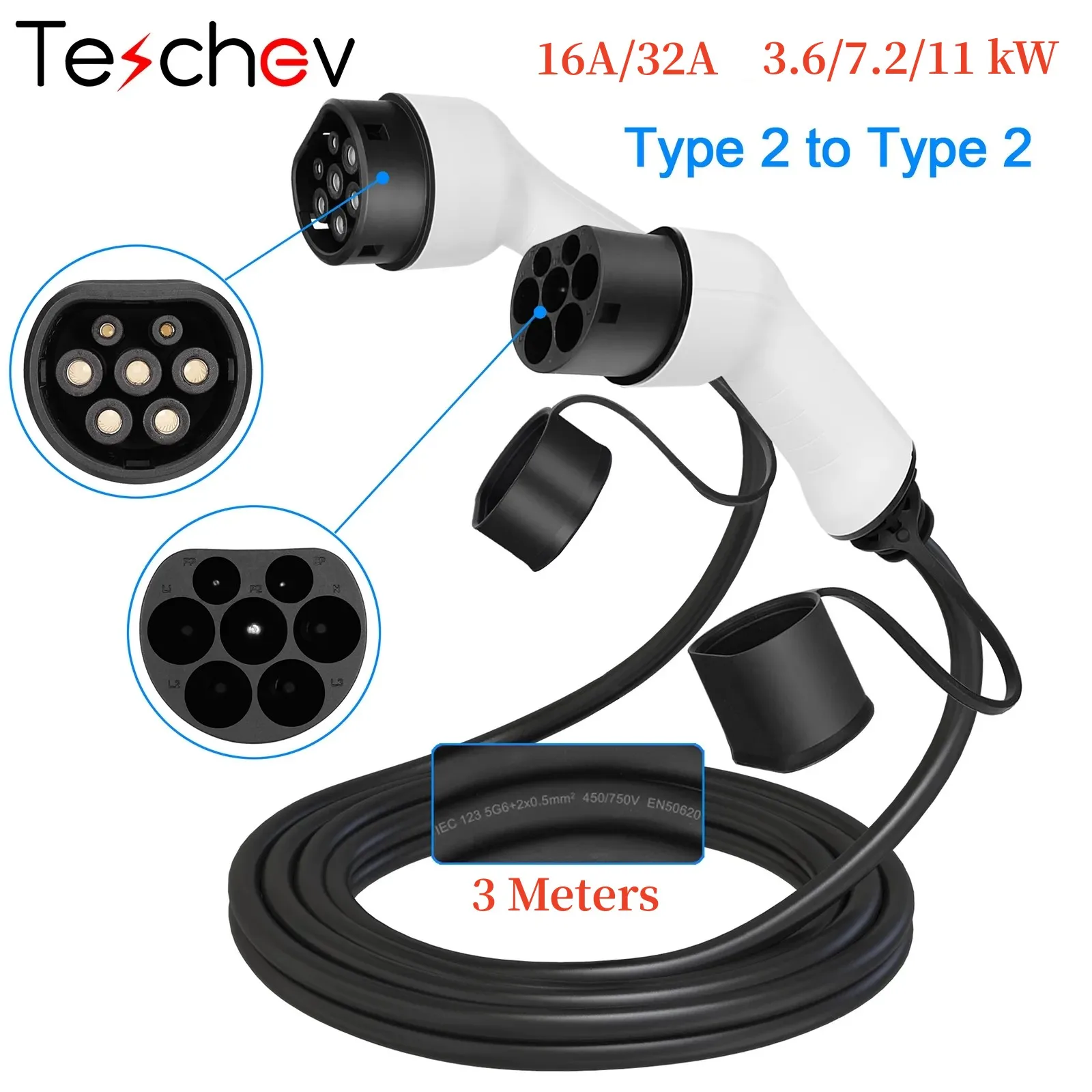 Teschev EV Charging Cable IEC62196 Type2 to Type2 Female to Male Plug 1 Phase 3 Phase 16A 11kW 3M Cable Electric Vehicle Cord
Teschev EV Charging Cable IEC62196 Type2 to Type2 Female to Male Plug 1 Phase 3 Phase 16A 11kW 3M Cable Electric Vehicle Cord