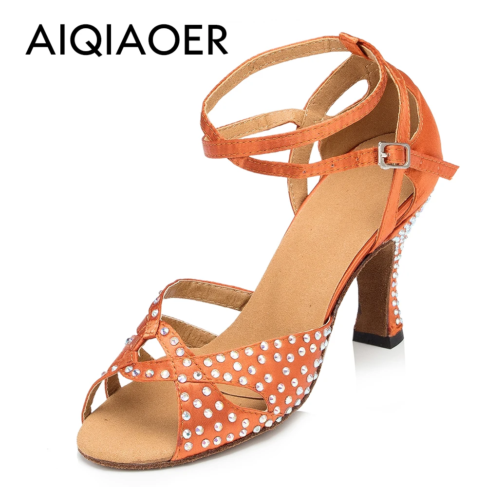 

Orange dancing shoes adult Latin dancing shoes professional dancing shoes diamond inlaid high-heeled women's shoes lace 8 cm