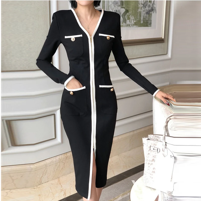 Women's V-Neck Long Sleeve Zip Spliced Button Thick Fabric Elegant Casual Dress, High Quality, Spring, New Fashion, 2024
Women's V-Neck Long Sleeve Zip Spliced Button Thick Fabric Elegant Casual Dress, High Quality, Spring, New Fashion, 2024