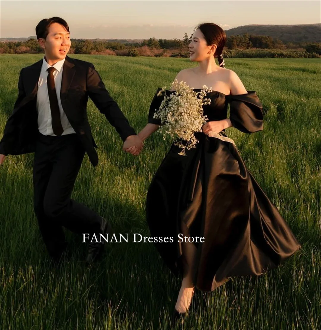 

Женское атласное платье с открытыми плечами FANAN, ТРАПЕЦИЕВИДНОЕ черное платье в Корейском стиле с короткими рукавами, свадебное платье для выпускного вечера