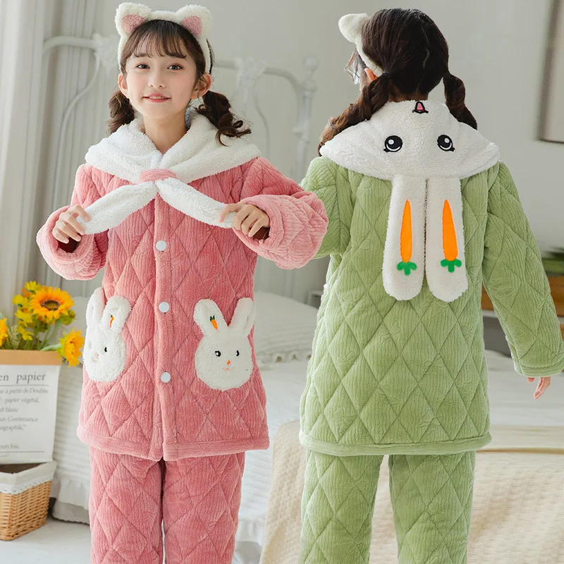 

Children's Three-Layer Quilted Pajamas Autumn and Winter Boys Girls' Home Wear Medium and Large Children's Flannel Pajamas Coral