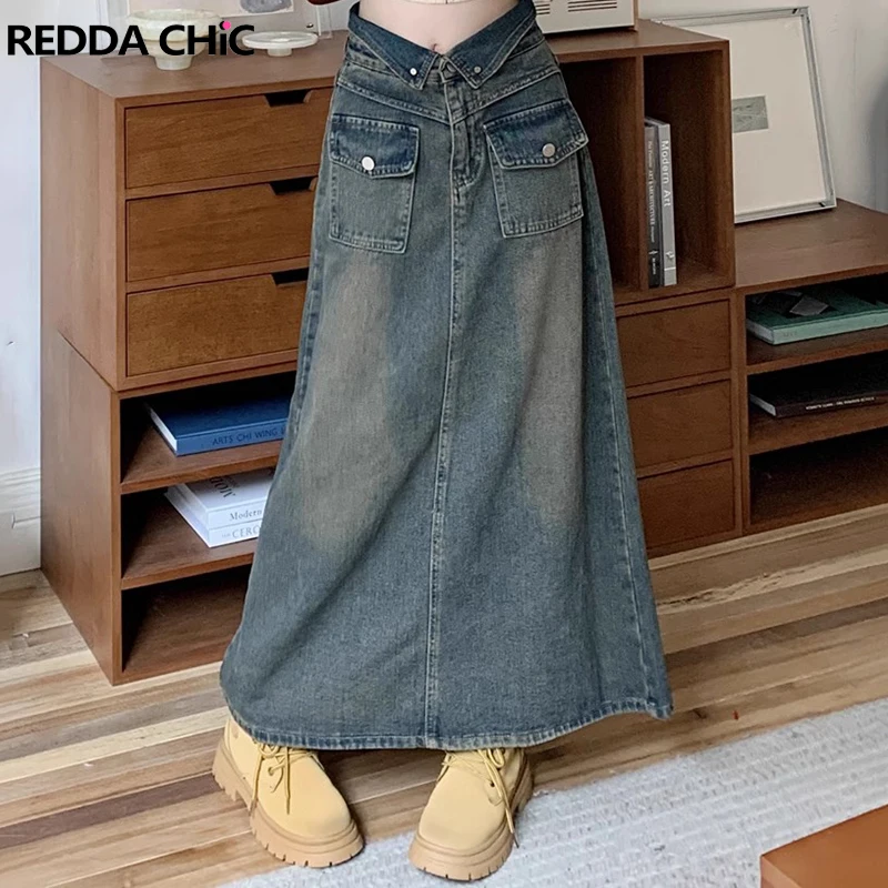 

ReddaChic Y2k Retro Blue Jeans Long Skirt with Slit Overlap High Waist A-line Cargo Pockets Denim Maxi Skirt Women Streetwear