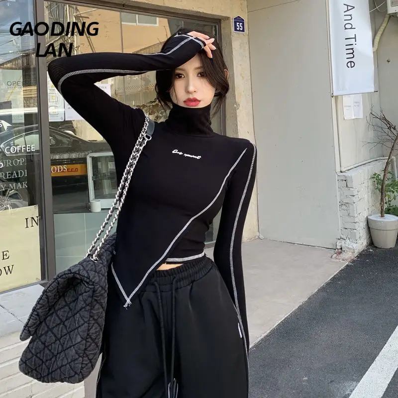 Irregular Hem Long Sleeve Women T-shirts Turtleneck Letter Print Slim Tight Bottom Tees Large Size Elastic Cotton Short Crop Top
Irregular Hem Long Sleeve Women T-shirts Turtleneck Letter Print Slim Tight Bottom Tees Large Size Elastic Cotton Short Crop Top