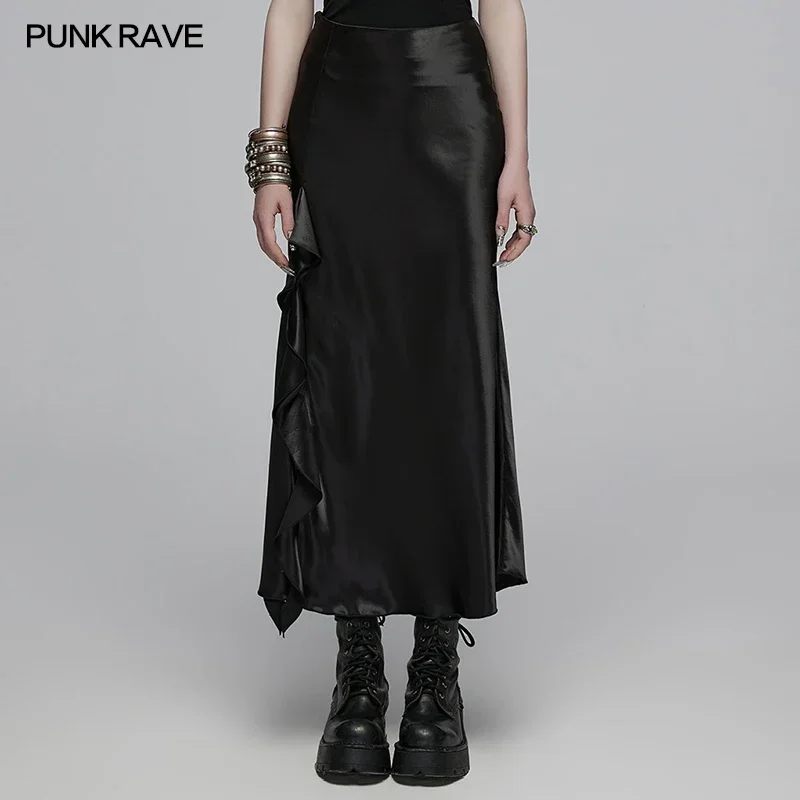 

PUNK RAVE Women's Daily Asymmetric Side Draping Cut Ruffled Edges Skirt Gothic Black Long Skirts Women Clothing