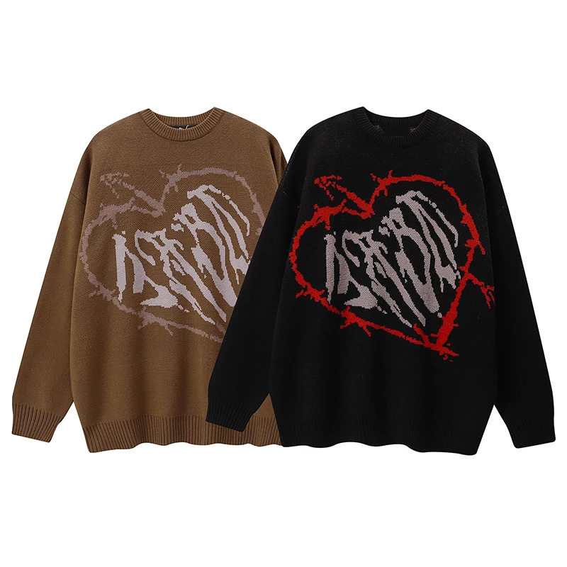 

American traf retro love pattern round neck sweater for men and women in autumn and winter casual loose knit sweater