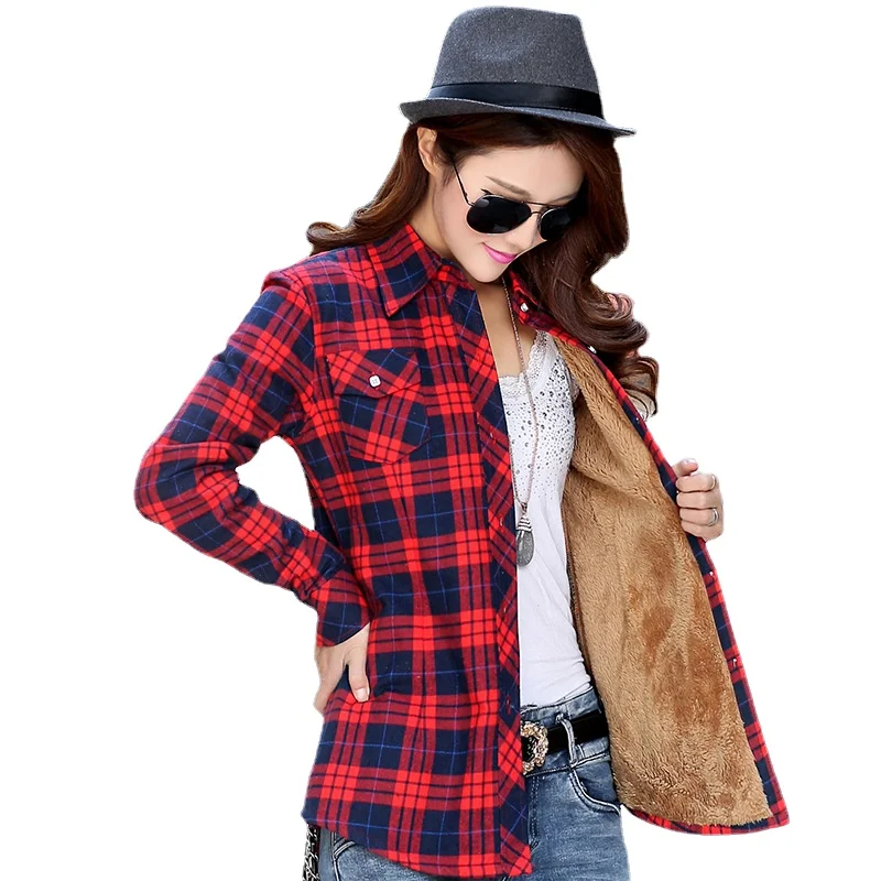 

Женская утепленная рубашка в клетку, флисовая блузка большого размера с длинными рукавами, кашемировая рубашка с хлопковой подкладкой и карманами, Осень-зима