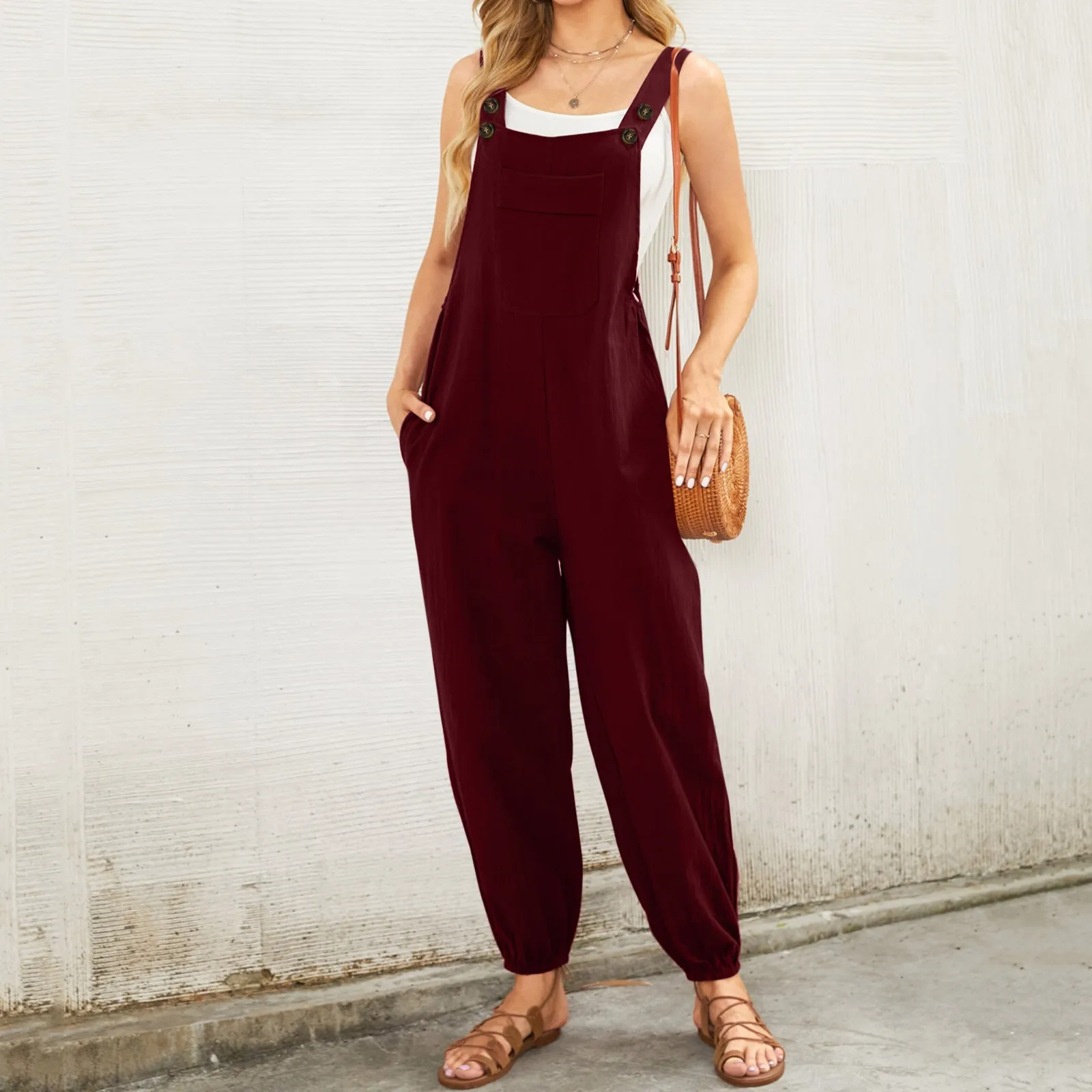

Plus Size Autumn Women Fashion Loose Casual Overalls Cotton Linen Rompers Long Jumpsuits Solid Color Strappy Pockets Dungarees