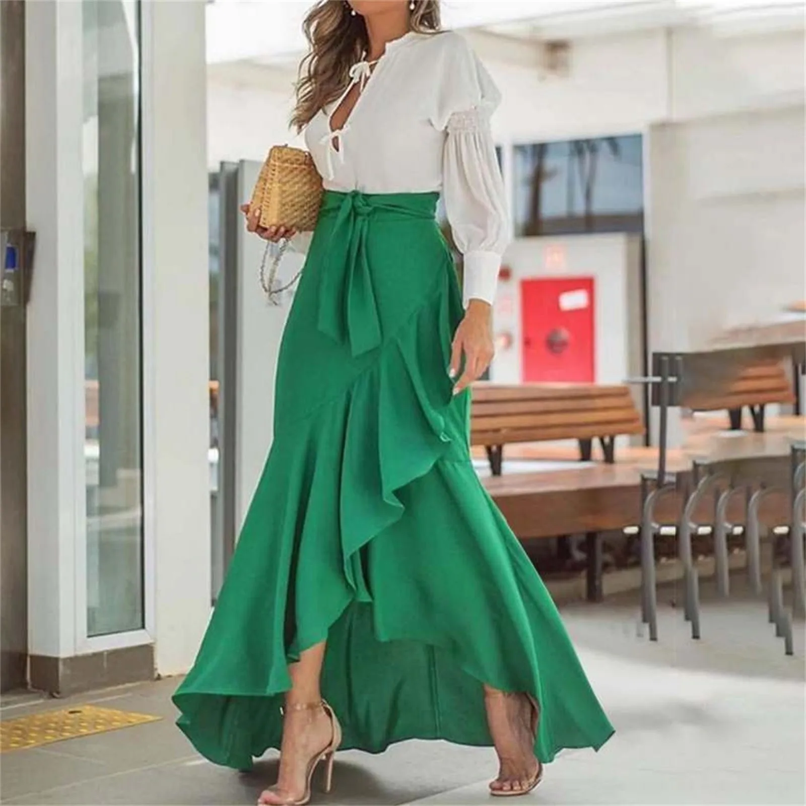 

Irregular Ruffles Half Skirt For Women Elegance High Waist A-Line Wrap Hip Fishtail Maxi Office Work Long Skirts With Bow Belt