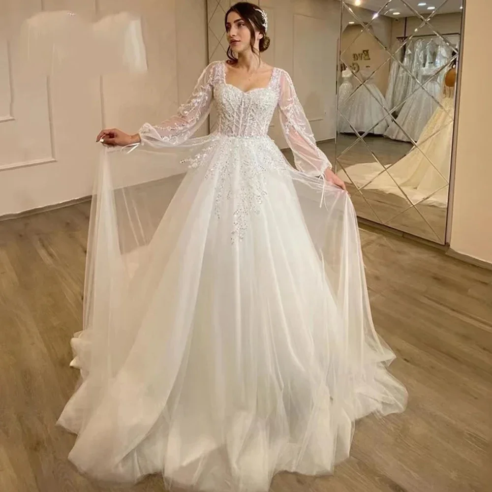 

Graceful Celebrity Women Wedding Dresses A-Line Tulle Bridal Gowns Fluffy Long Sleeves Mopping Length Princess Vestidos De Novia