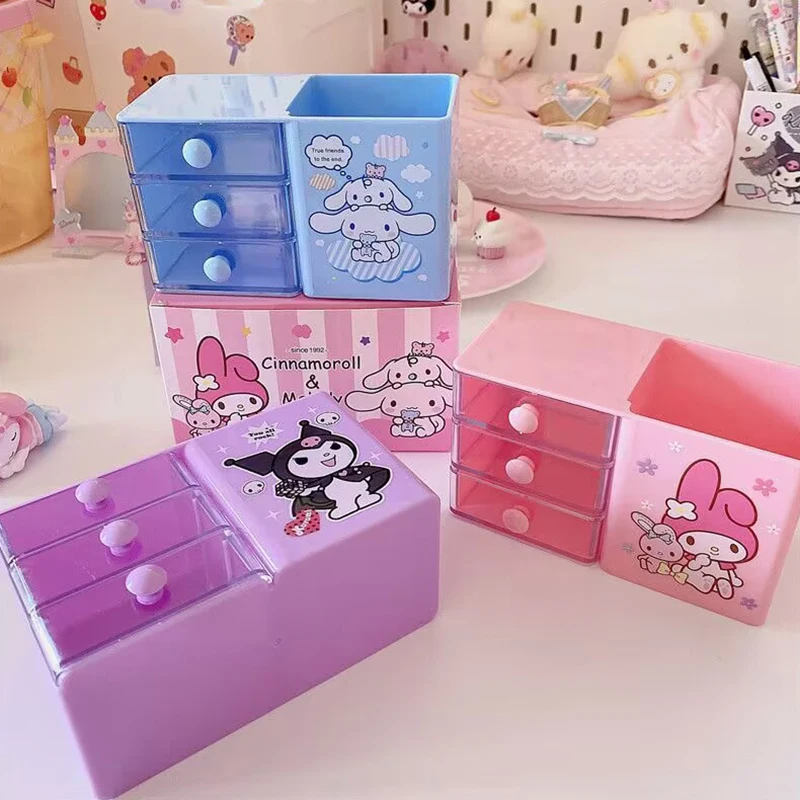 

Sanrio Storage Box Kuromi Cinnamoroll MyMelody Three-Grid Drawer Desktop Kawaii Children's Stationery Ornament Arrangement