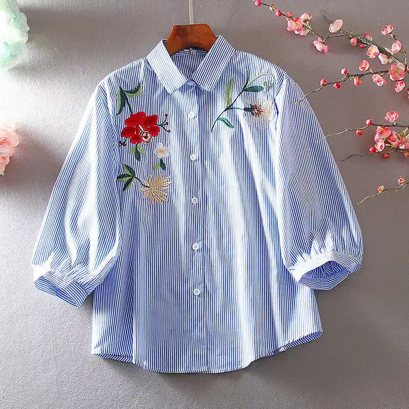 

Новинка, вышитая рубашка, женская летняя модная Свободная блузка с рукавами-фонариками в западном стиле ретро, Q754, 2024