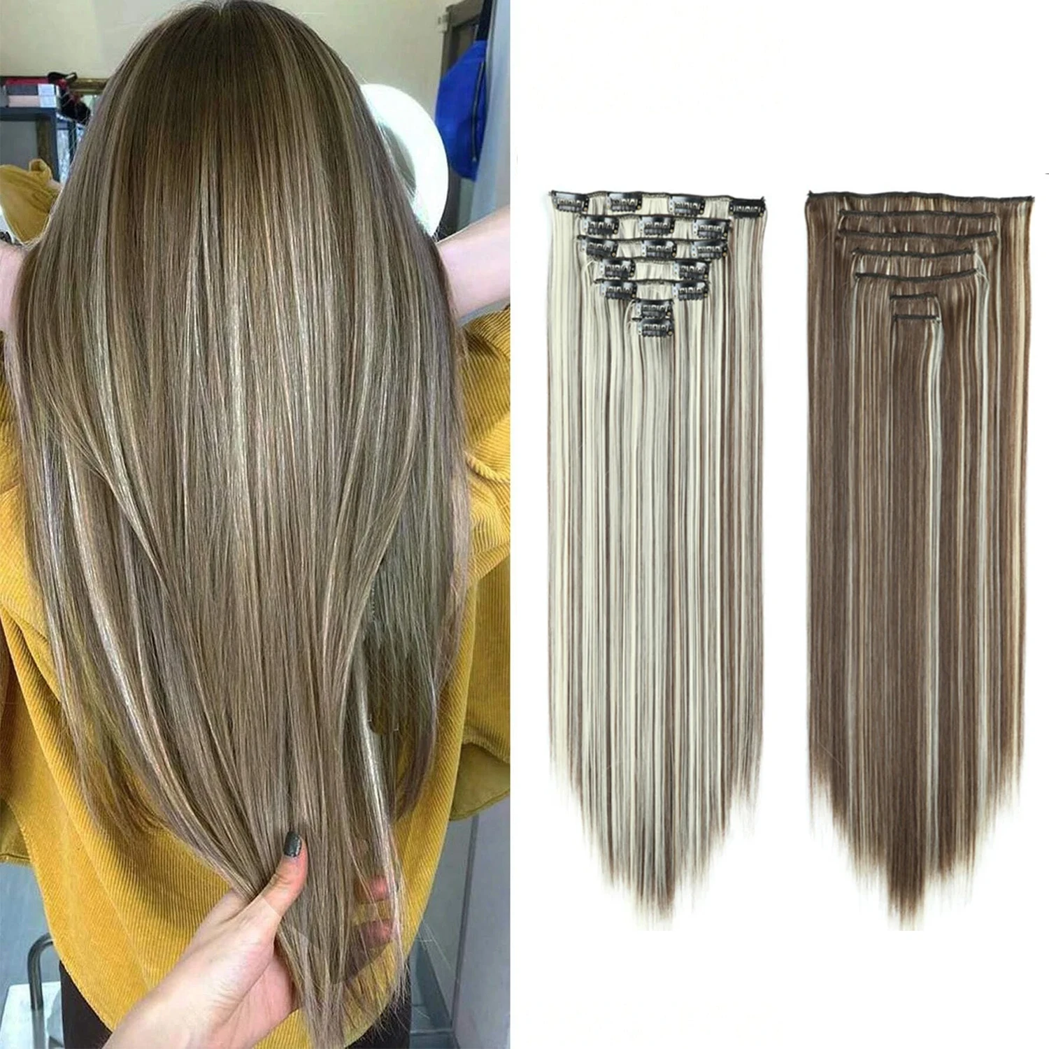 

22Inch Synthetic Long Straight Clip In Hair Extensions 16 Clips For Women Fake False Hair Pieces Ombre Black Blonde Styling Hair