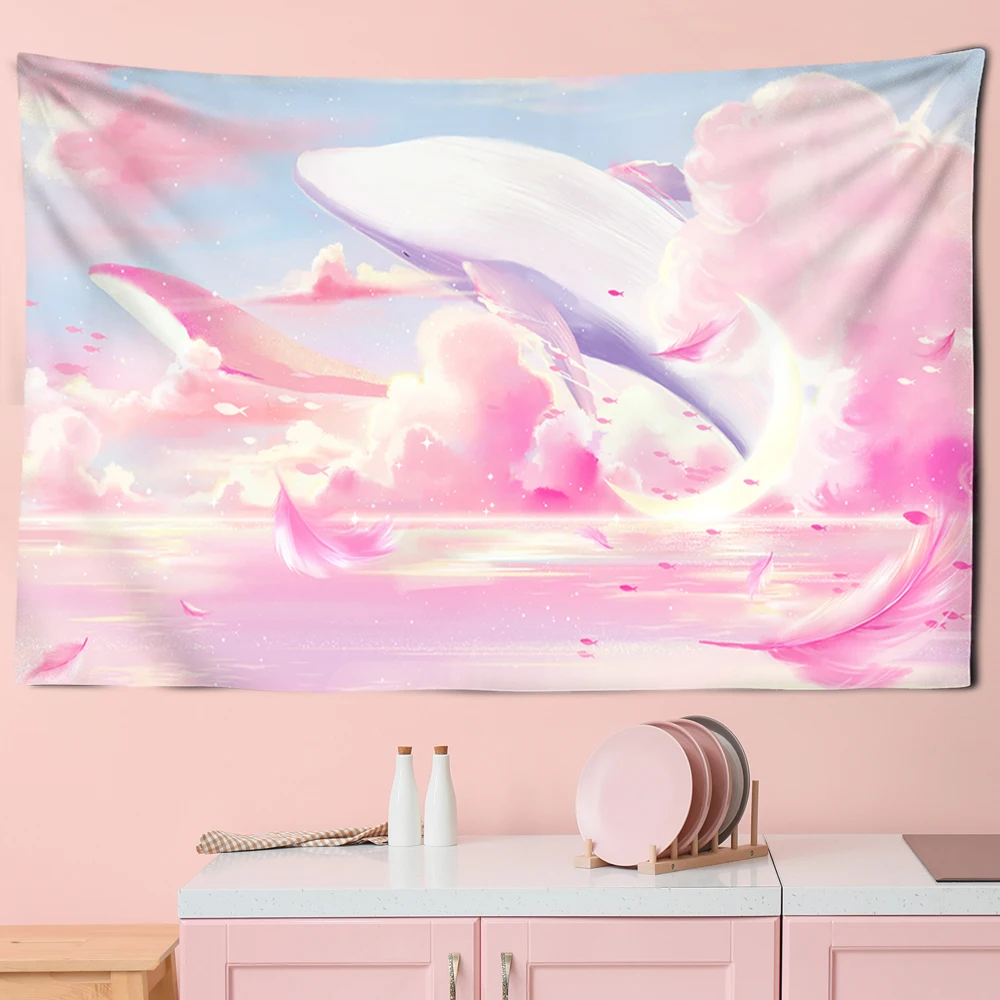 

Cartoon Comics The Sky Dolphin Tapestry Wall Hanging Pink Purple Cloud Tapestries Bedroom Wall Decor Kawaii Room Decoration