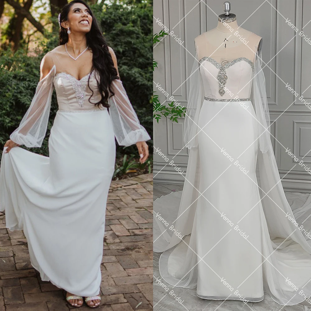 

Detachable Cathedral Chiffon Train Sweetheart Mermaid Bridal Gowns Long Puffy Sleeves Rhinestones Neckline Modern Wedding Dress