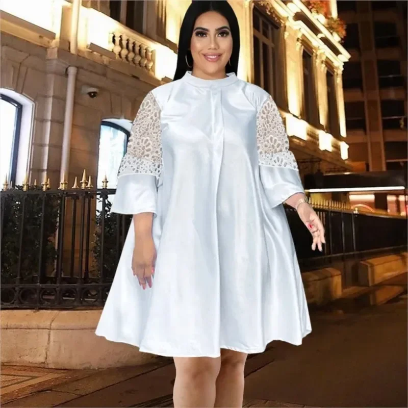 

White Lace See Through Splicing Bell Sleeves Big Size Dress Autumn Loose African Dresses For Women Elegant Boubou Africain Femme