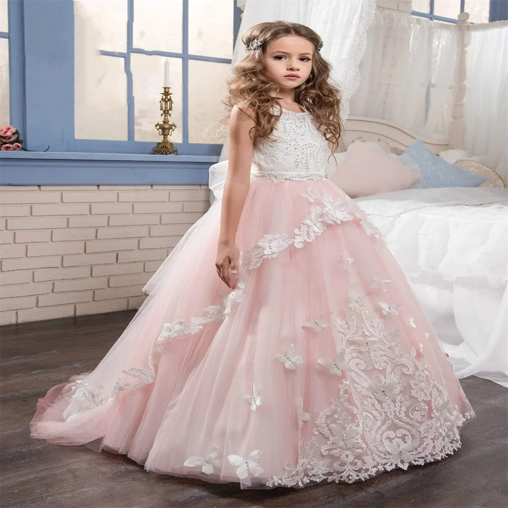 

New Pink Flower Girl Dress White Lace Appliqué Banquet Formal Wear Event Birthday Wedding Prom Custom Princess Evening Dress
