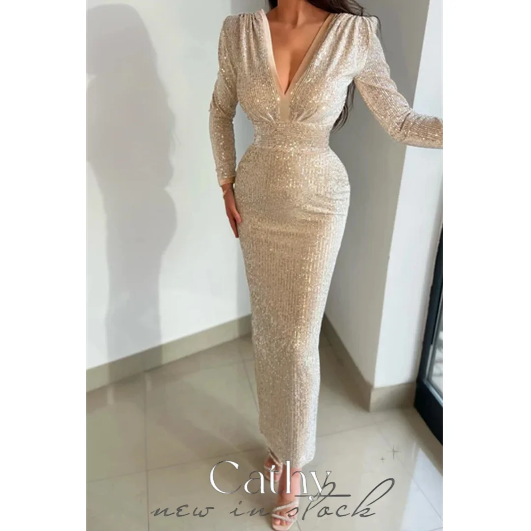 Cathy V-neck Prom Dresses Champagne Sequins Mermaid فساتين السهرة Elegant Long Sleeves Ankle-length Glitter Vestidos De Noche
Cathy V-neck Prom Dresses Champagne Sequins Mermaid فساتين السهرة Elegant Long Sleeves Ankle-length Glitter Vestidos De Noche