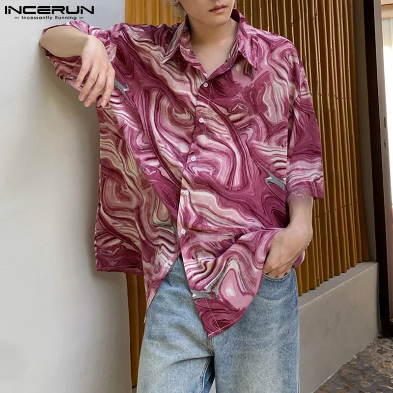 

INCERUN Tops 2024 Korean Style New Men's Casual Retro Fluid Printing Blouse Fashion Well Fitting Male Short Sleeved Shirts S-5XL