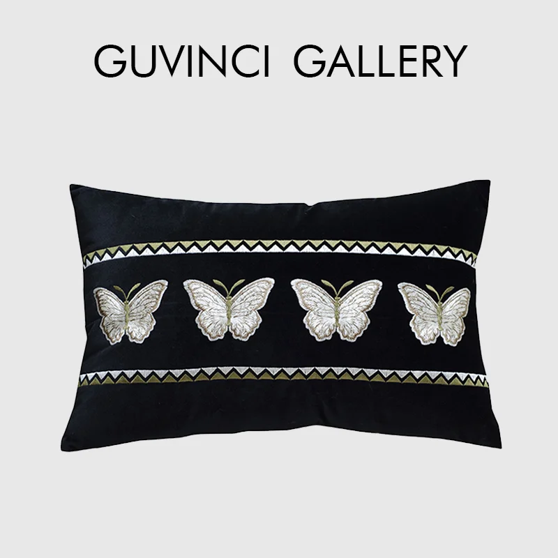 

GUVINCI Butterfly Lumbar Pillow Cover Lush Velvet Decorative Embroidered Rectangle Cushion Case For Living Room Couch Chair Bed