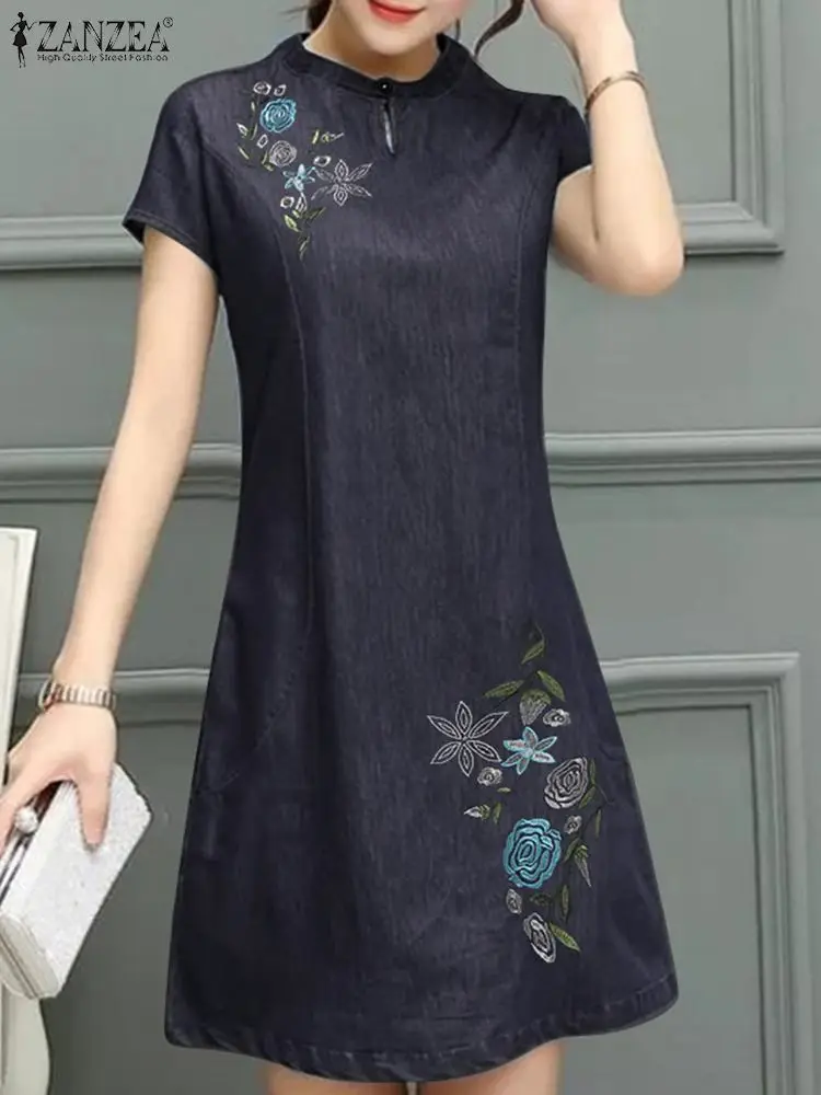 ZANZEA Women Casual Sundress Summer Holiday Elegant Floral Embroidery Party Vestidos Fashion Short Sleeve Denim Blue Mini Dress
ZANZEA Women Casual Sundress Summer Holiday Elegant Floral Embroidery Party Vestidos Fashion Short Sleeve Denim Blue Mini Dress