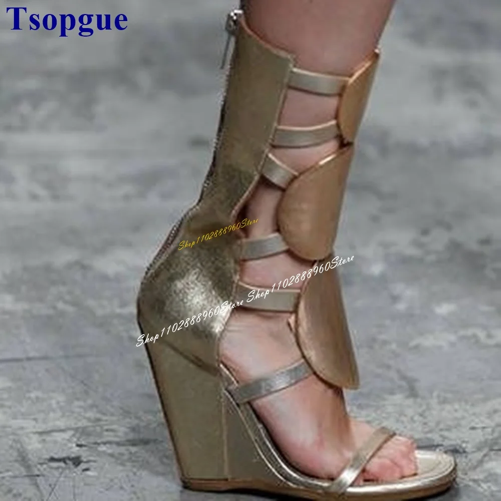 

Runway Mid Calf Champagne Metallic Sandal Boots Wedges Heel Women Shoes Back Zipper Open Toe 2024 Fashion Zapatos Para Mujere