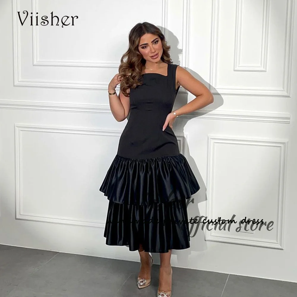 

Viisher Black Mermaid Evening Dresses Pleats Satin Square Neck Formal Dress Dubai Arabia Prom Party Gowns Tea Length