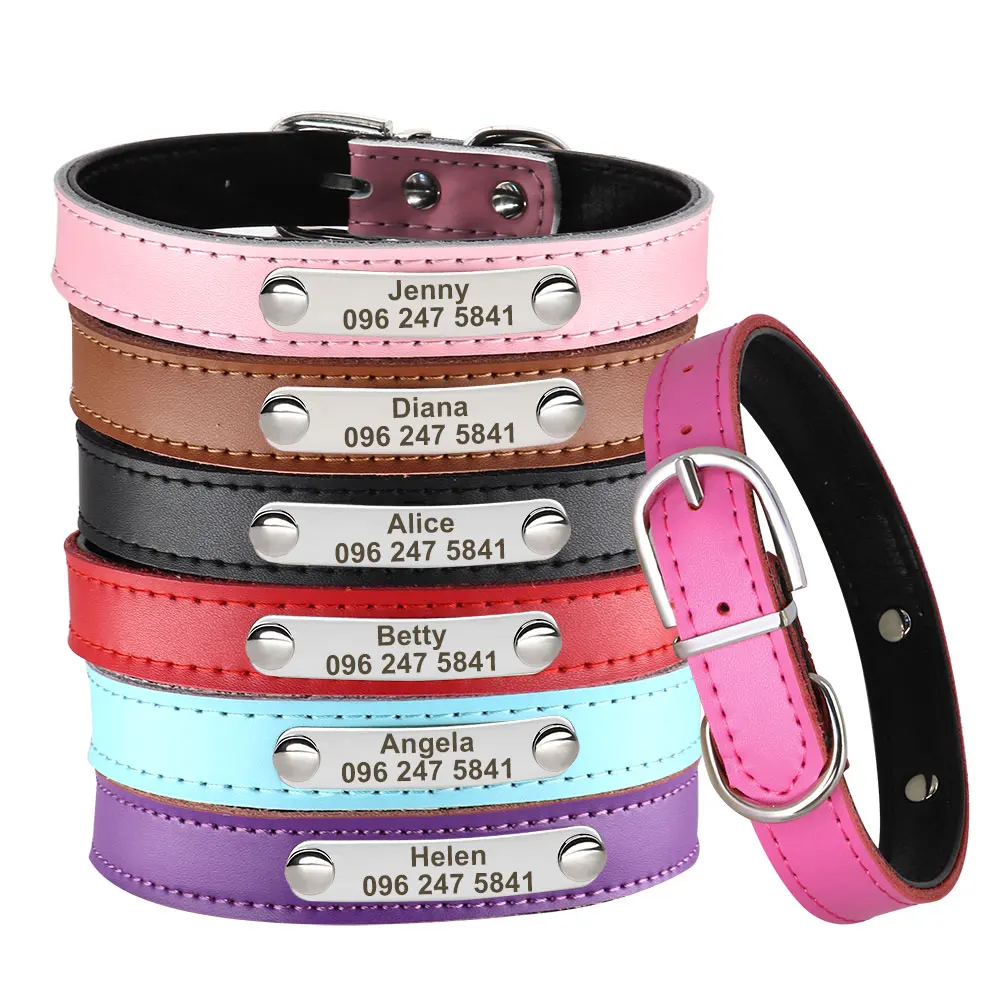 

Personalized Leather Dog Cat Collar Adjustable Engraved Pet Kitten Puppy ID Name Tag Accessories Collars For Small Medium Dogs