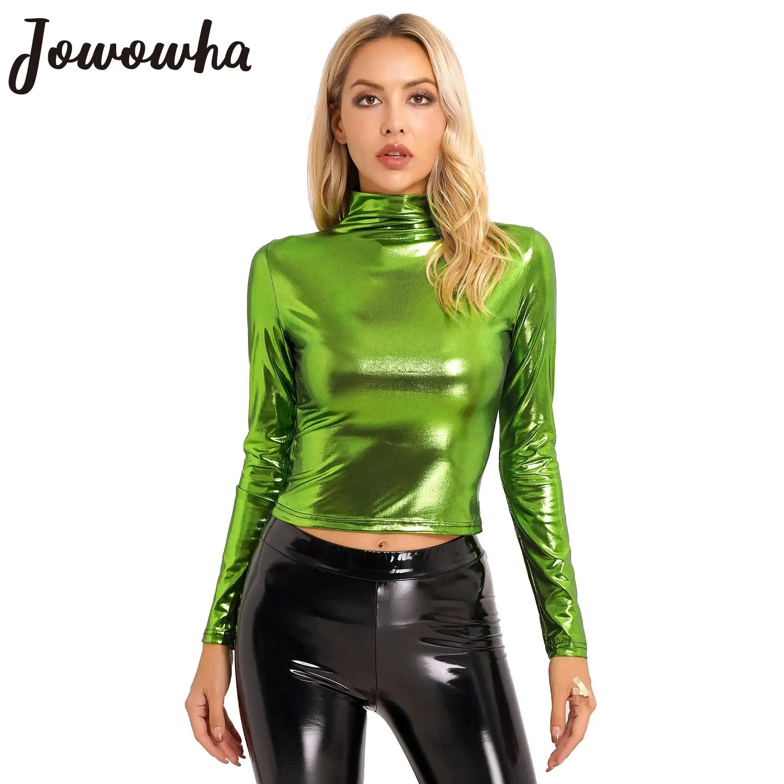 

Womens Metallic Long Sleeve T-Shirt Fashion Shiny Top Slim Fit Mock Neck Tops Cocktail Dancing Party Club Music Festival Costume